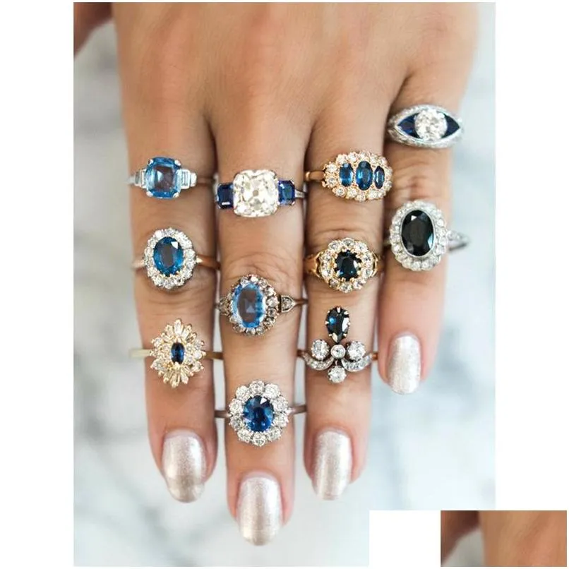 fashion jewelry knuckle ring set blue crystal rhinstone geometric irregular double color rings sets 11pcs/set