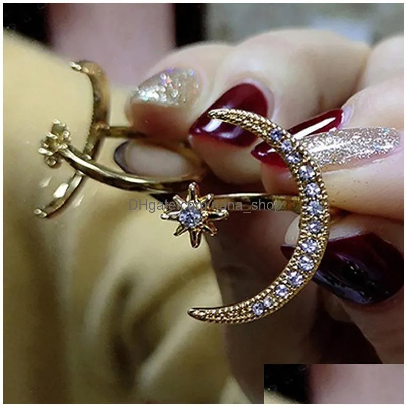 fashion jewelry moon star ring womens rhinstone 18k gold plated opening adjustable rings