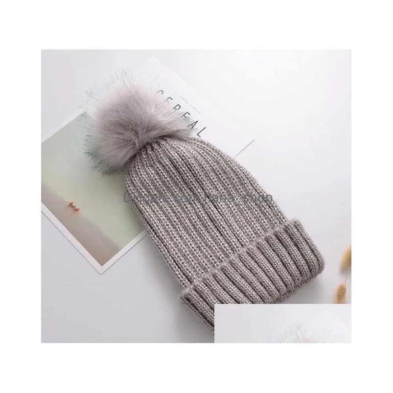 autumn winter womens knitted hat faux fur ball lady warm beanies skull cap women hat