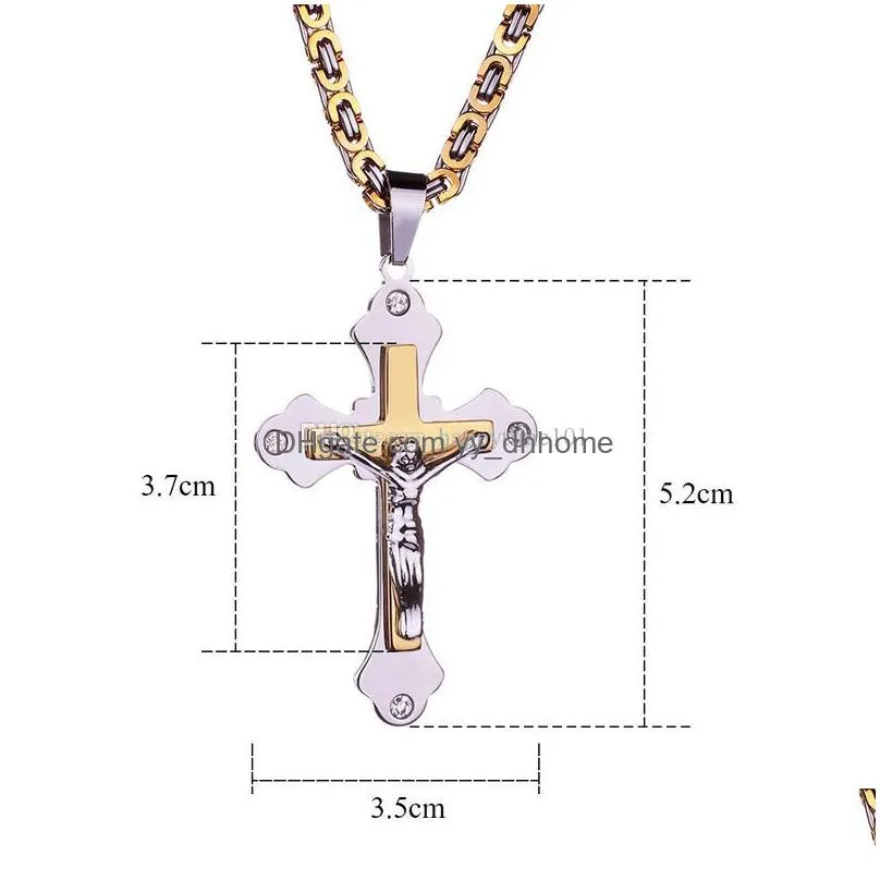 stainless steel mens cross necklaces multilayer christian jesus crucifix pendant biker chain for male s fashion hip hop jewelry