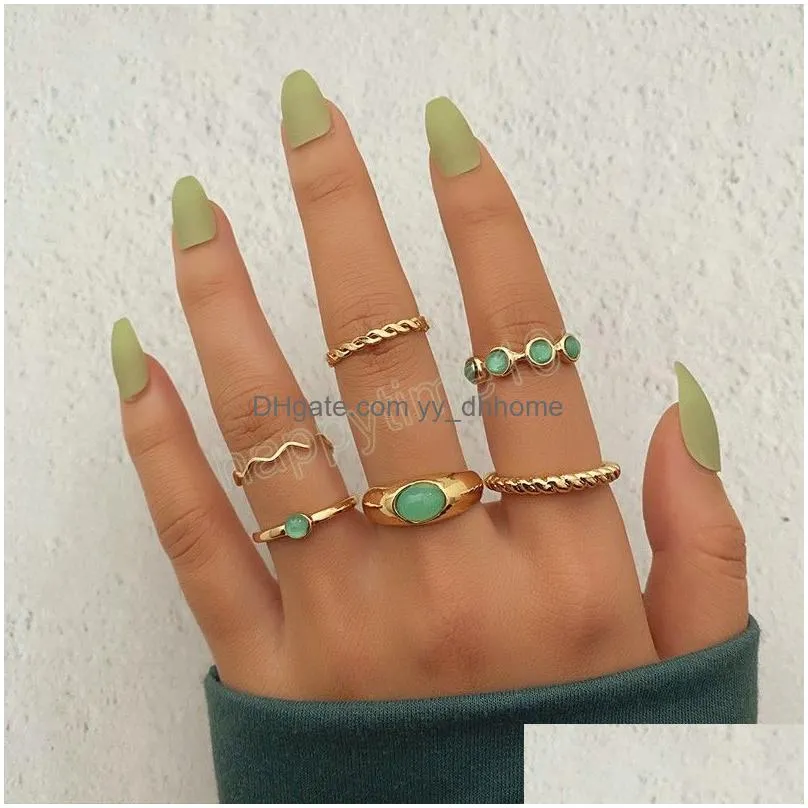 bohemian 6 pcs green crystal ring set for women girls 2022 trend wave finger rings boho jewelry gift