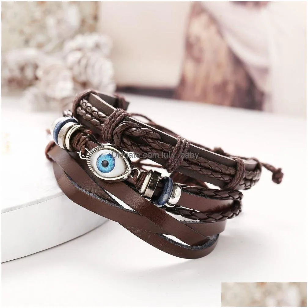 fashion jewelry men leather cord handmade woven bracelet vintage multi layer eye charms bracelet punk leather bracelets