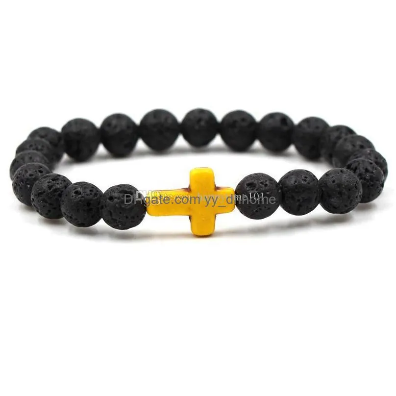 8mm natural lava beads stone cross bracelet charm beaded essential oil diffuser bracelets elastic rock stone bangle unisex jewe