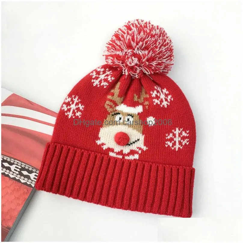 autumn winter christmas hat snowflake jacquard pattern red hem wool ball caps big girl womens knitted beanies warm hats