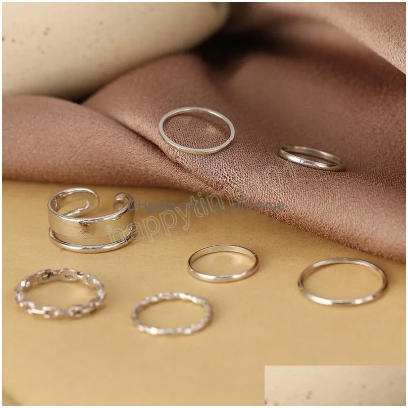 7pcs fashion jewelry ring set metal hollow round opening women finger ring for girl lady party wedding gifts