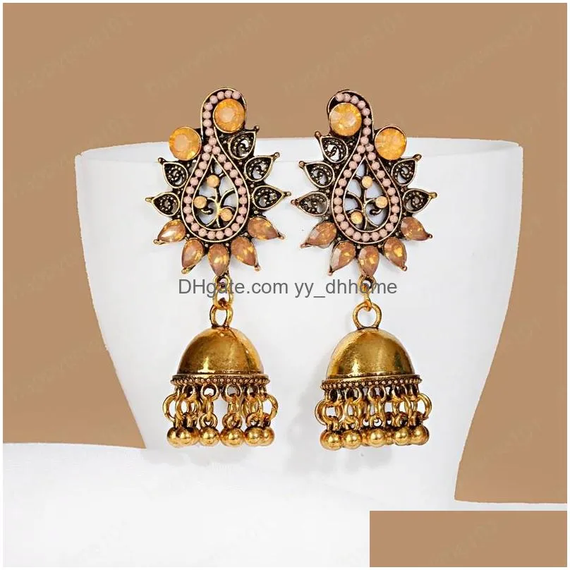 womens bohemian ethnic leaf rhinestones dangle earrings 2021 vintage alloy bells earring indian jewelry