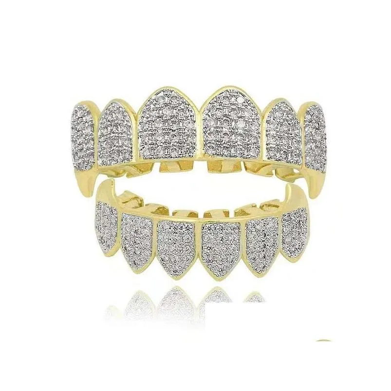 hip hop golden grillz cool gold diamonds teeth jewelry real gold plated fashion rapper dental grills three colors golden silver