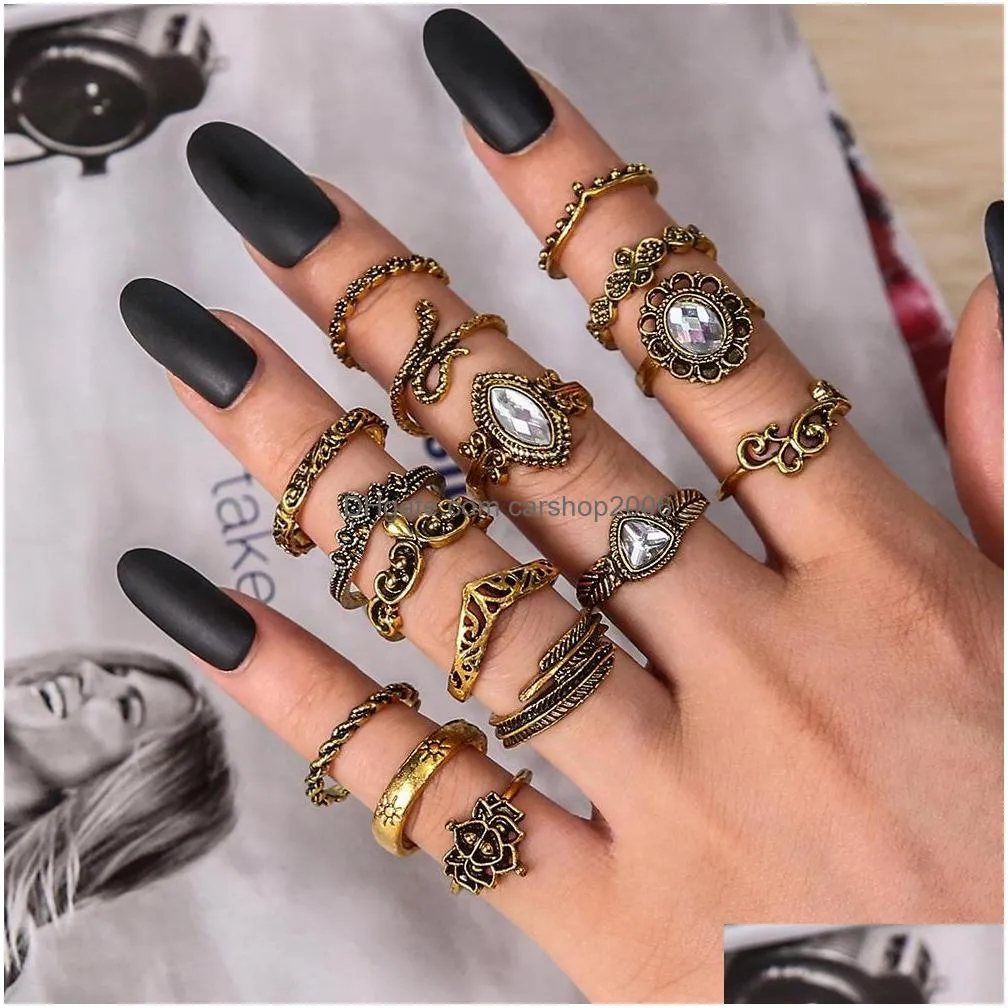 fashion jewelry vintage ring set snake carved flower feather crown rings sets 16pcs/set