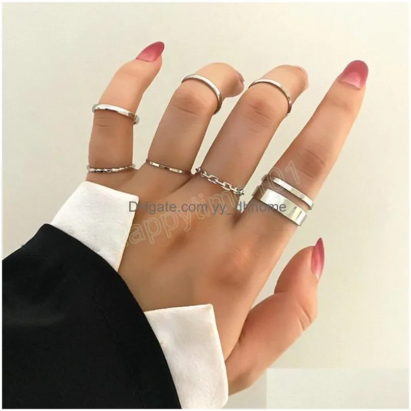 7pcs fashion jewelry ring set metal hollow round opening women finger ring for girl lady party wedding gifts