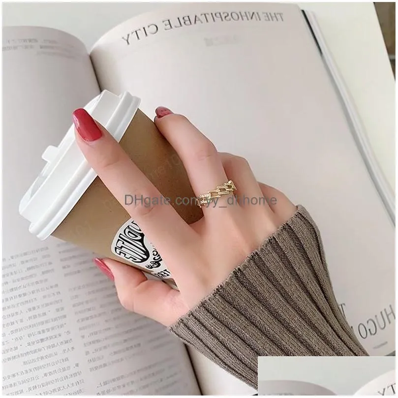 korean design microinlaid zircon rings square staggered ring simple temperament opening ring luxury finger jewelry gift