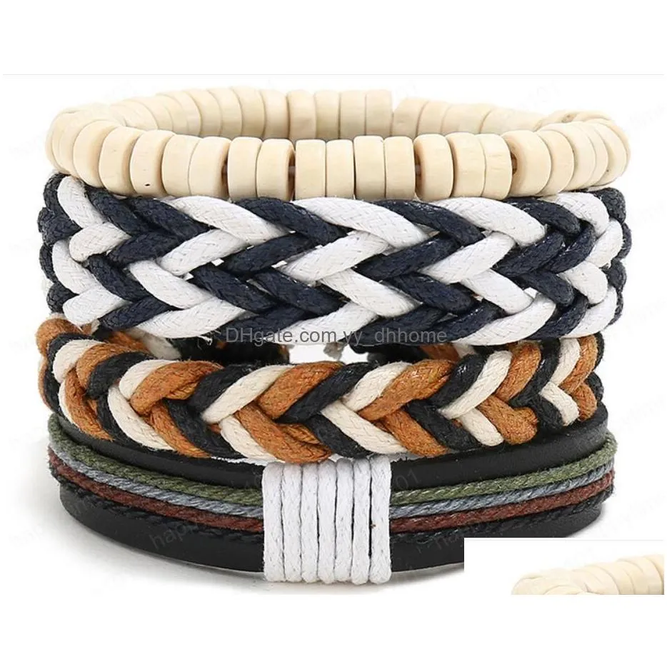 mans cowhide leather bracelet diy hand woven multilayer white wood bead weave braids combination suit bracelet size adjusted