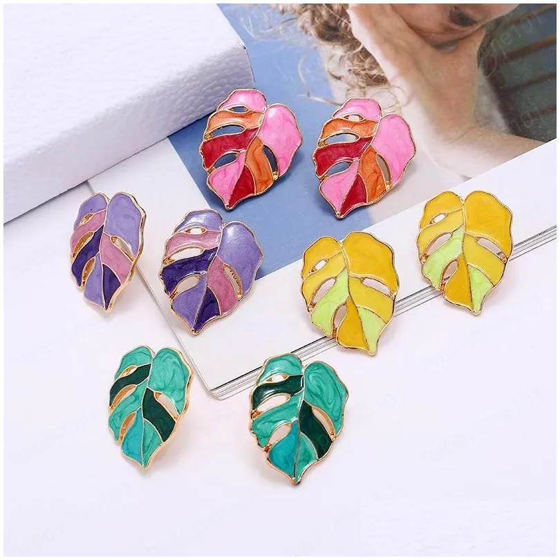 elegant leaf shaped stud earrings for woman vintage multi color dropping oil statement earrings woman party ear jewelry