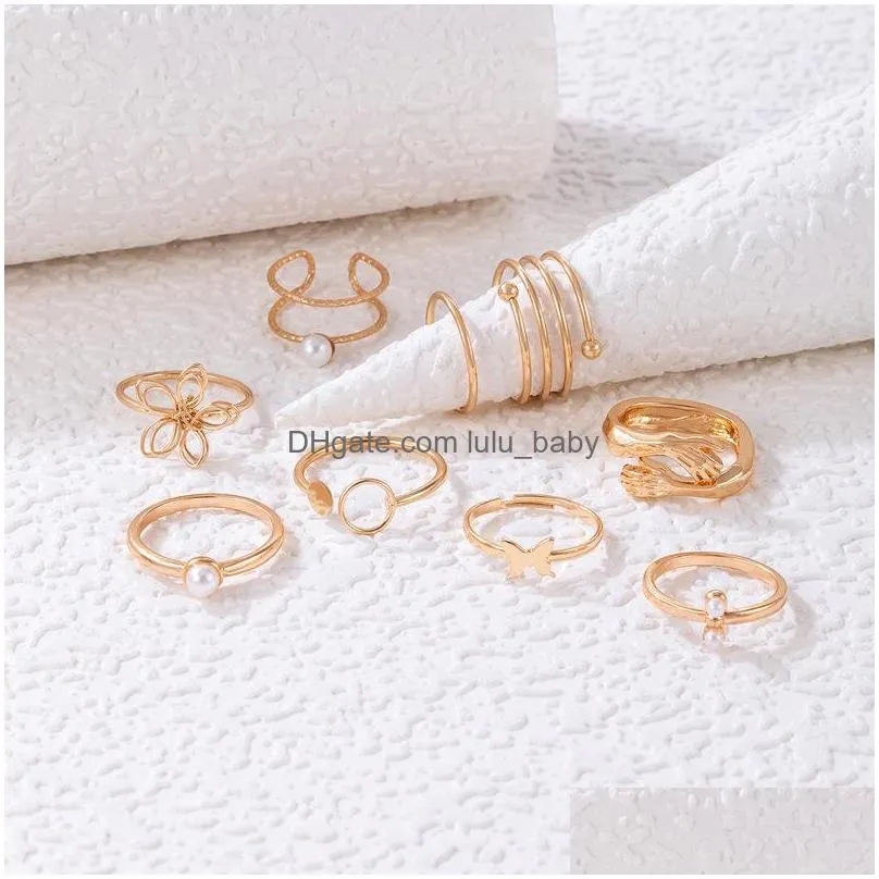 fashion jewelry knuckle ring set threedimensional hollowout flower pearl hug butterfly geometric opening rings 8pcs/set