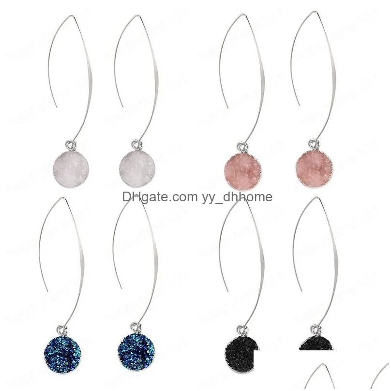 colorful round druzy resin charm dangle earrings korean style long hook statement earrings for women fashion jewelry