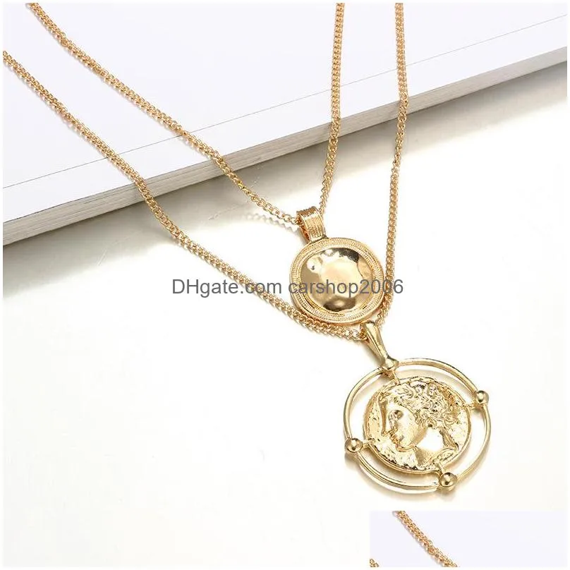 fashion jewelry irregular round face necklace gold double chain head pendant multilayer necklaces