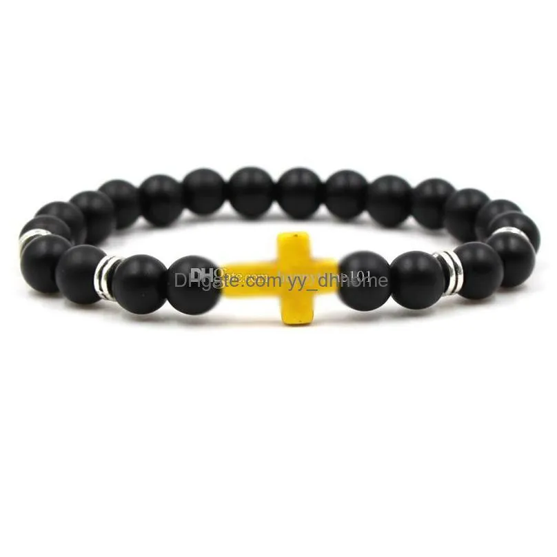 7 colors matted natural cross black stone beads elastic bracelet silver spacer volcanic rock beaded hand strings