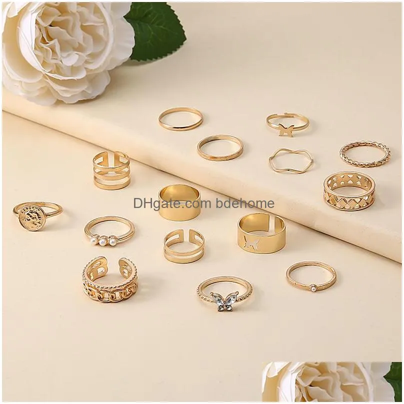 fashion jewelry knuckle ring set hollow out butterfly geometric round stacking rings midi rings sets 15pcs/set