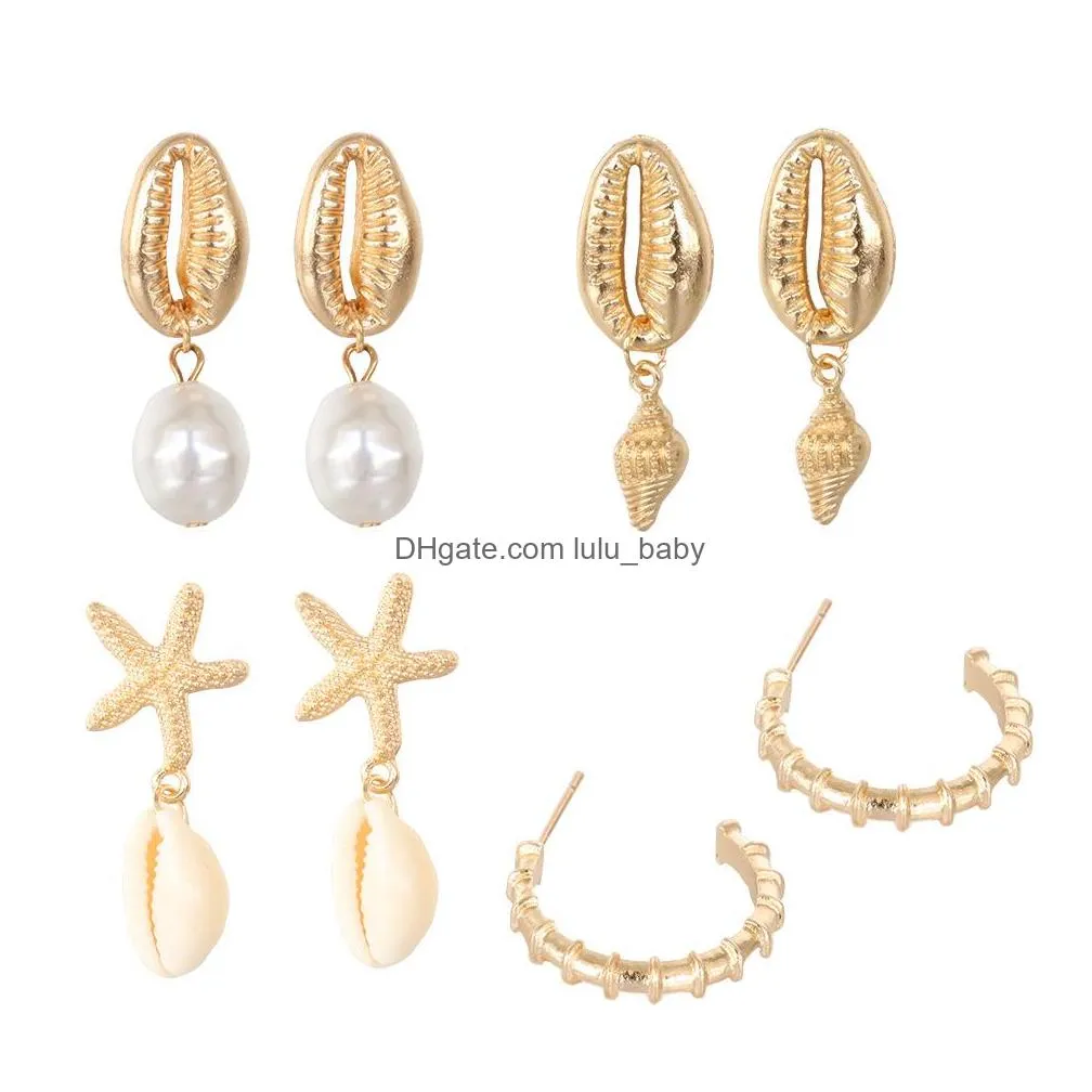 bohemian fashion jewelry earrings set natural shell irregular pearl conch starfish stud earrings 4pairs/set