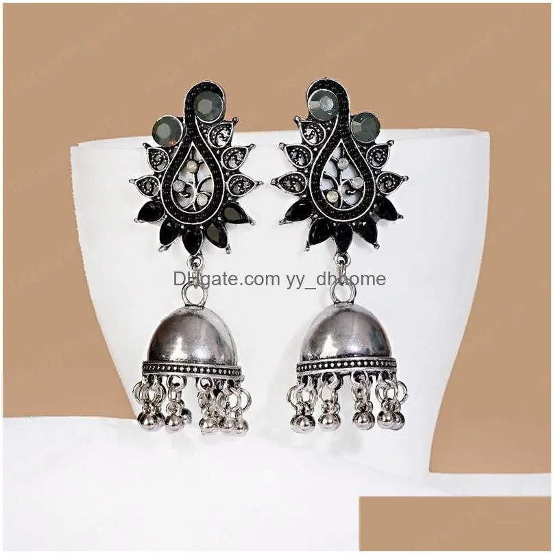 womens bohemian ethnic leaf rhinestones dangle earrings 2021 vintage alloy bells earring indian jewelry