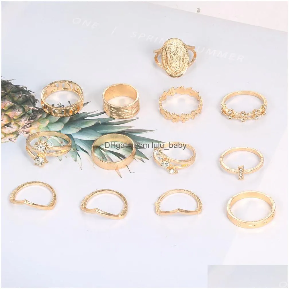 bohemian fashion jewelry knuckle ring set hollow out flower stacking rings midi rings 13pcs/set
