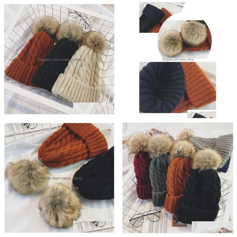 autumn winter womens knitted hat warm beanies faux fur ball caps lady knitted hat