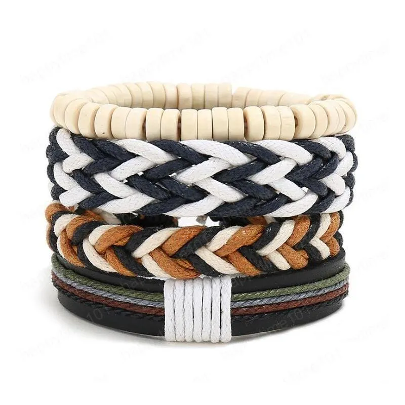 mans cowhide leather bracelet diy hand woven multilayer white wood bead weave braids combination suit bracelet size adjusted