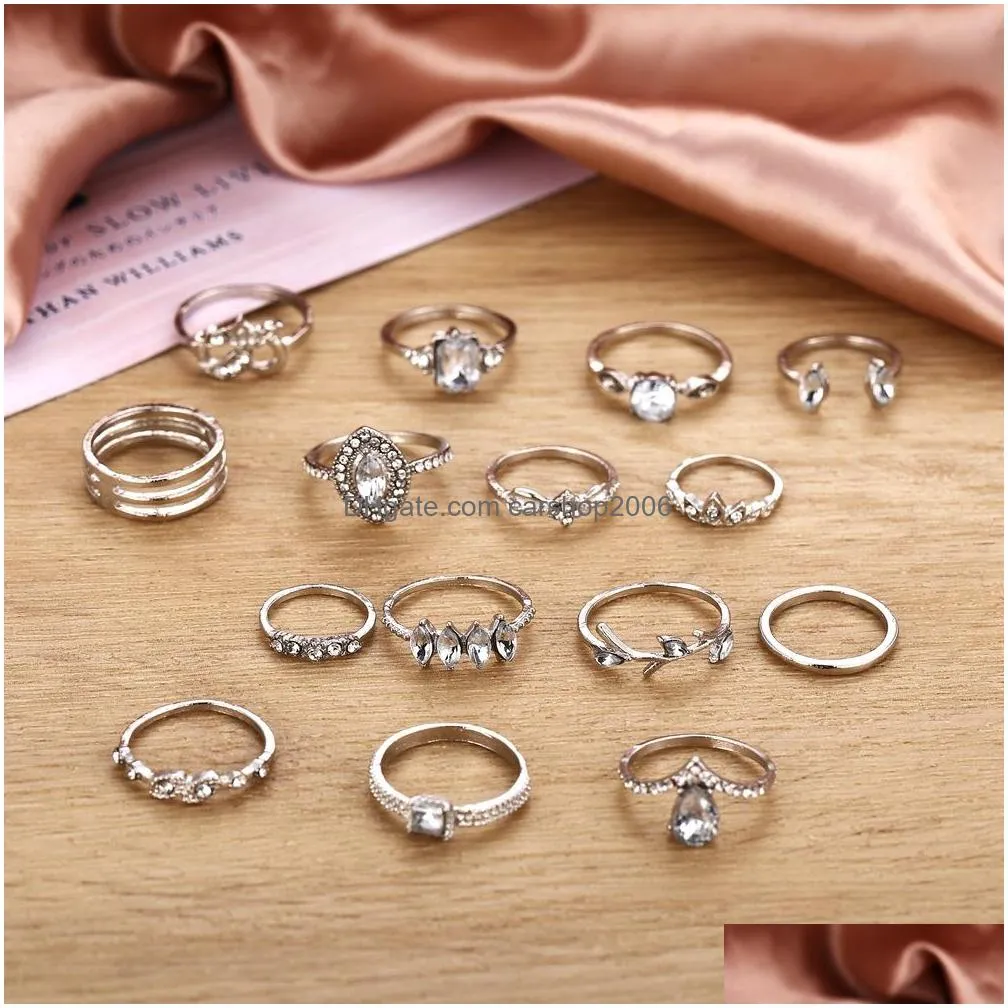 bohemian fashion jewelry knuckle ring set silver bee chain heart geometric round stacking rings midi rings sets 12pcs/set