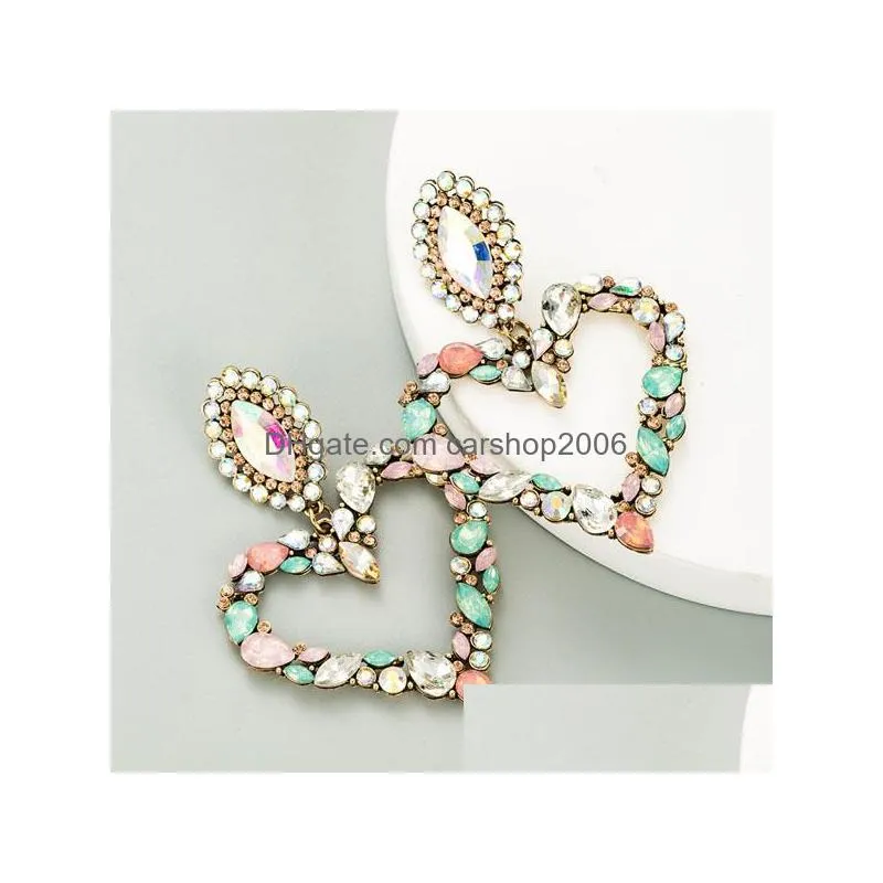 fashion jewelry exaggerated peach heart diamond dangle earrings colorful rhinstone stud earring