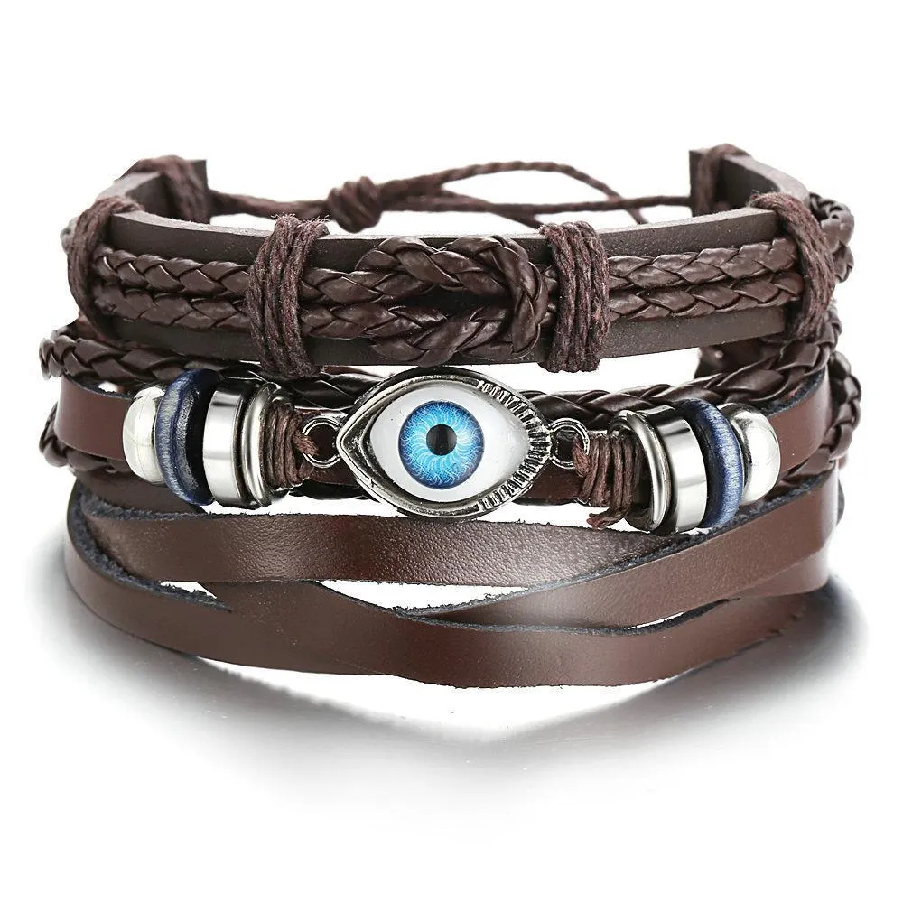 fashion jewelry men leather cord handmade woven bracelet vintage multi layer eye charms bracelet punk leather bracelets