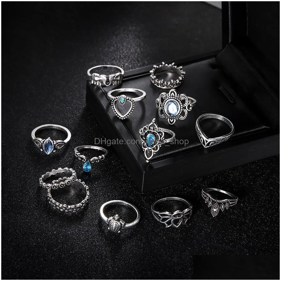 fashion jewelry ancient silver knuckle ring set crown heart elephant turtle stacking rings midi rings set 13pcs/set