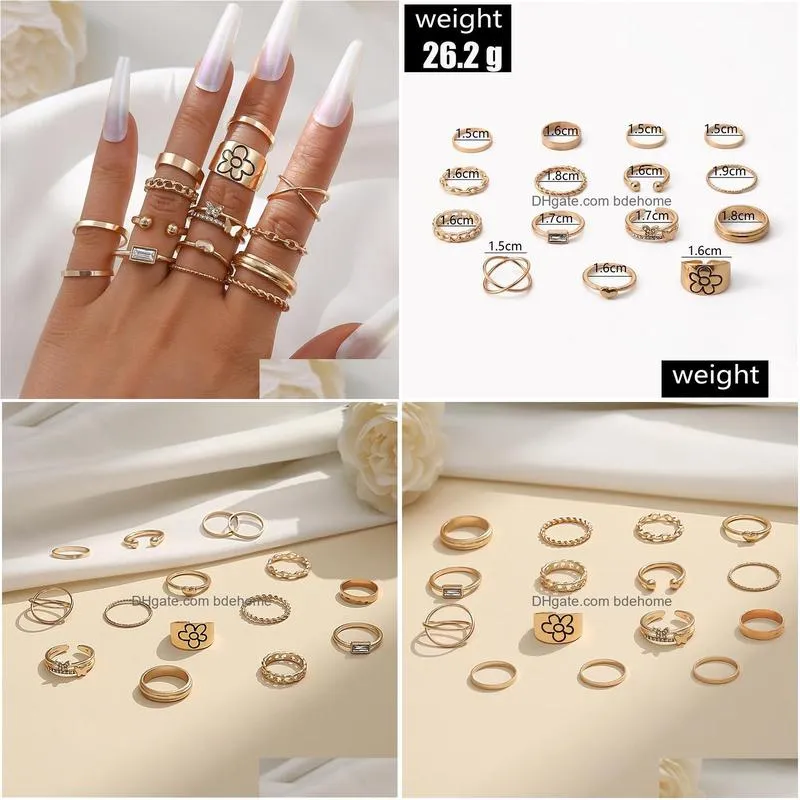 fashion jewelry knuckle ring set gold butterfly flower chain crossed geometric stacking rings midi rings sets 15pcs/set