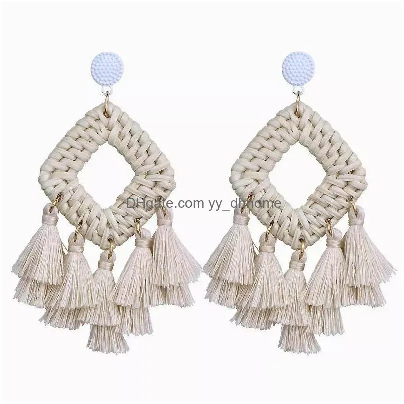 boho handmade diamond straw weave rattan earrings for women trendy long tassel statement earrings bohemian jewelry