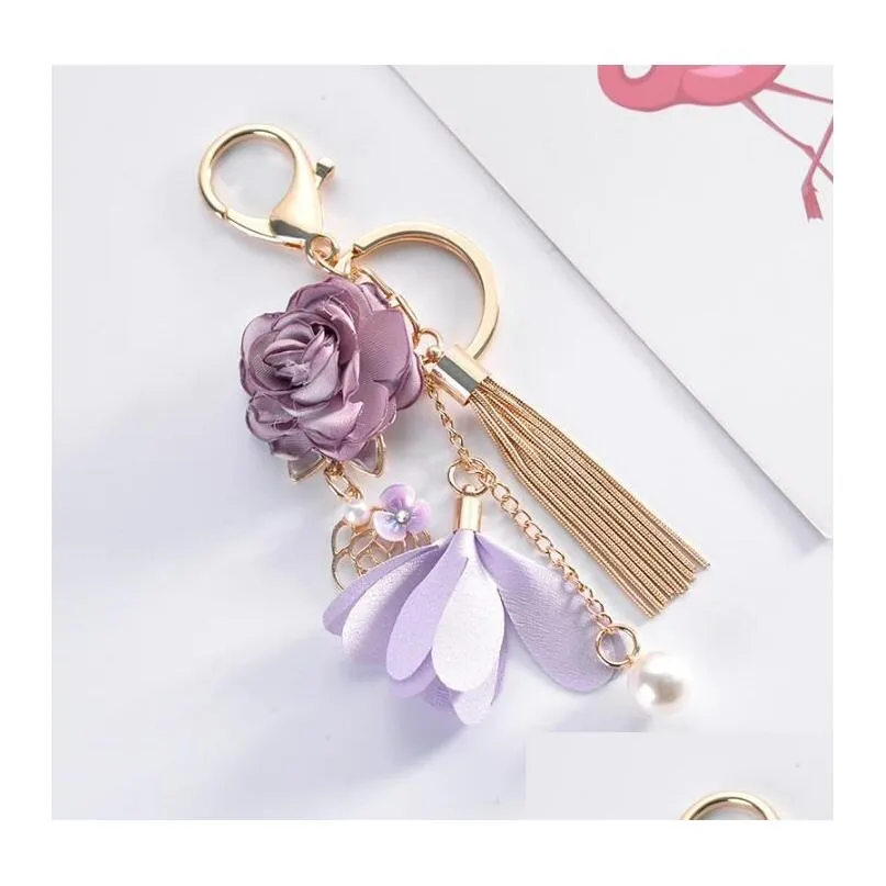 gold metal key rings chains tassel cloth flower rhinestones car keys bag charms pendant jewelry for women girls 3 colors