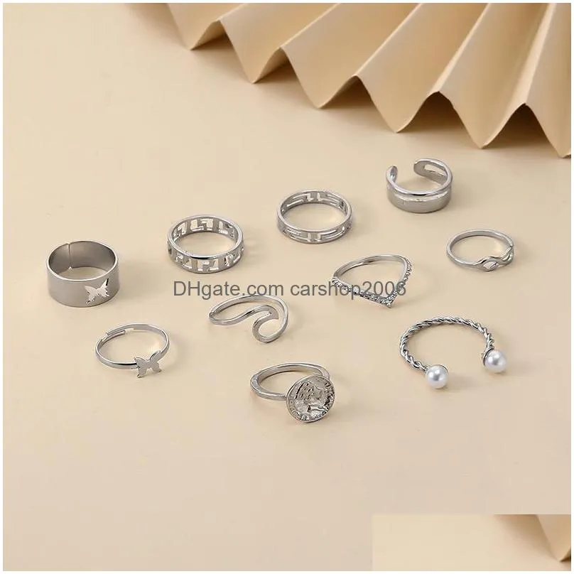 fashion jewelry knuckle ring set silver geometric hollow butterfly stacking rings set 10pcs/set