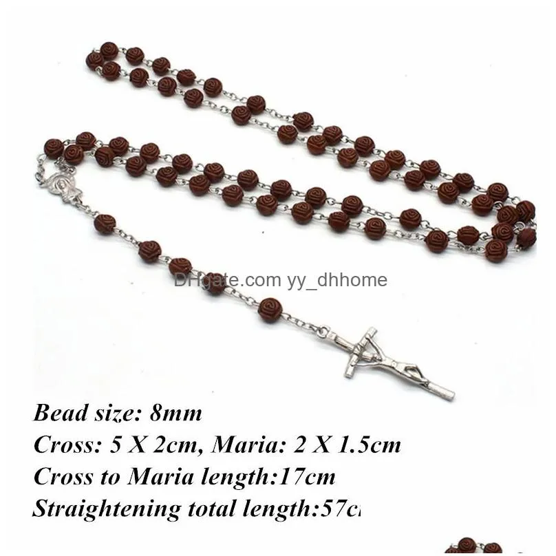 handmade christ men catholic gift cross pendant necklace rose wooden beads wooden rosary necklace jesus rosary jewelry