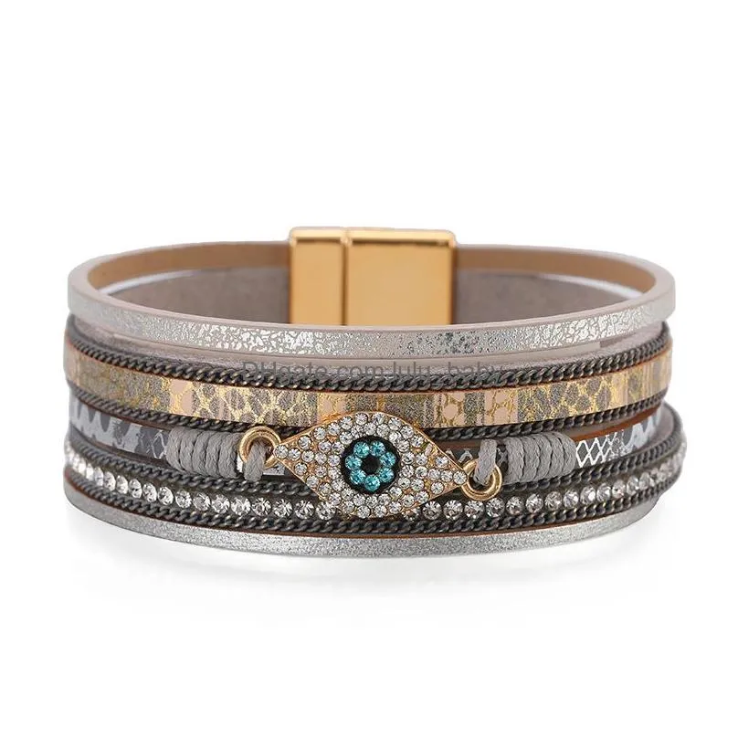 turkey evil eye leather bracelets rhinestone blue eyes multi layer pu leather bracelet