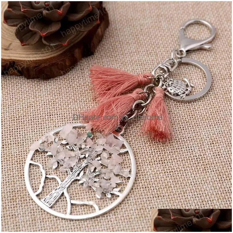 natural stone tree of life keyring owl keychain tassel charms keychain accessories designer keyring fashion jewelry drop ship