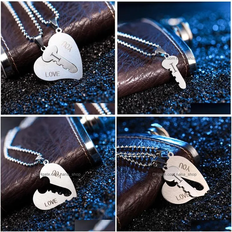 fashion jewelry stainless steel i love you heart pendant necklace lock key pendant couple necklace