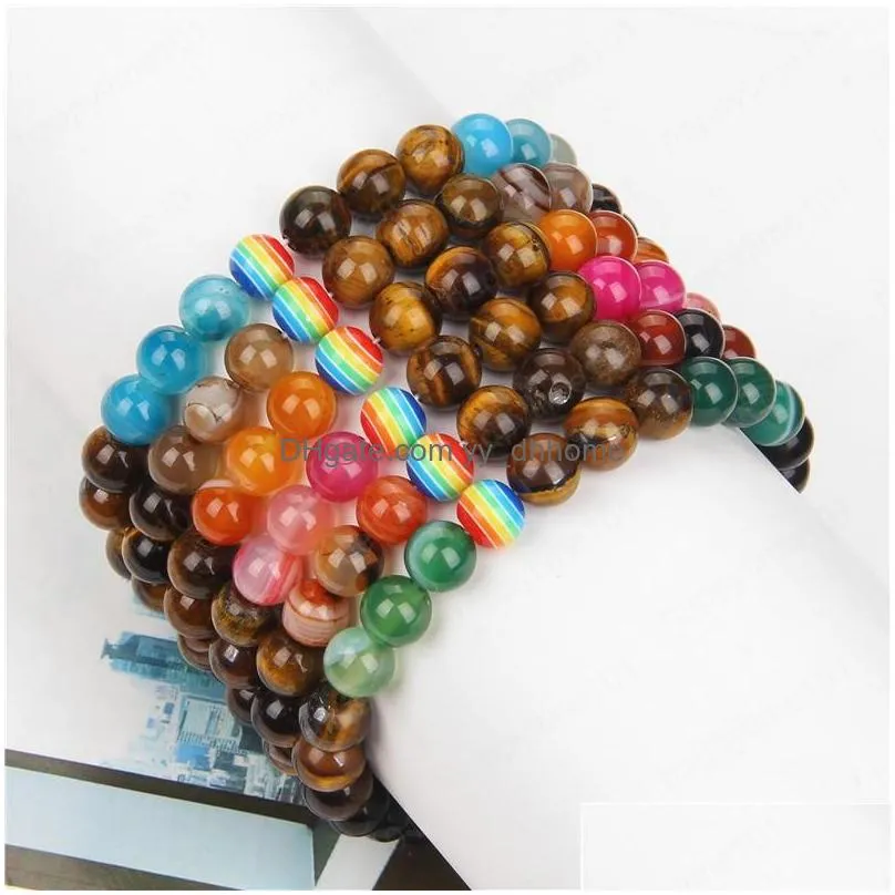 rainbow bead bracelets lucky lover jewelry for women men natural round colorful striped agates tiger eye stone bead bracelet gift