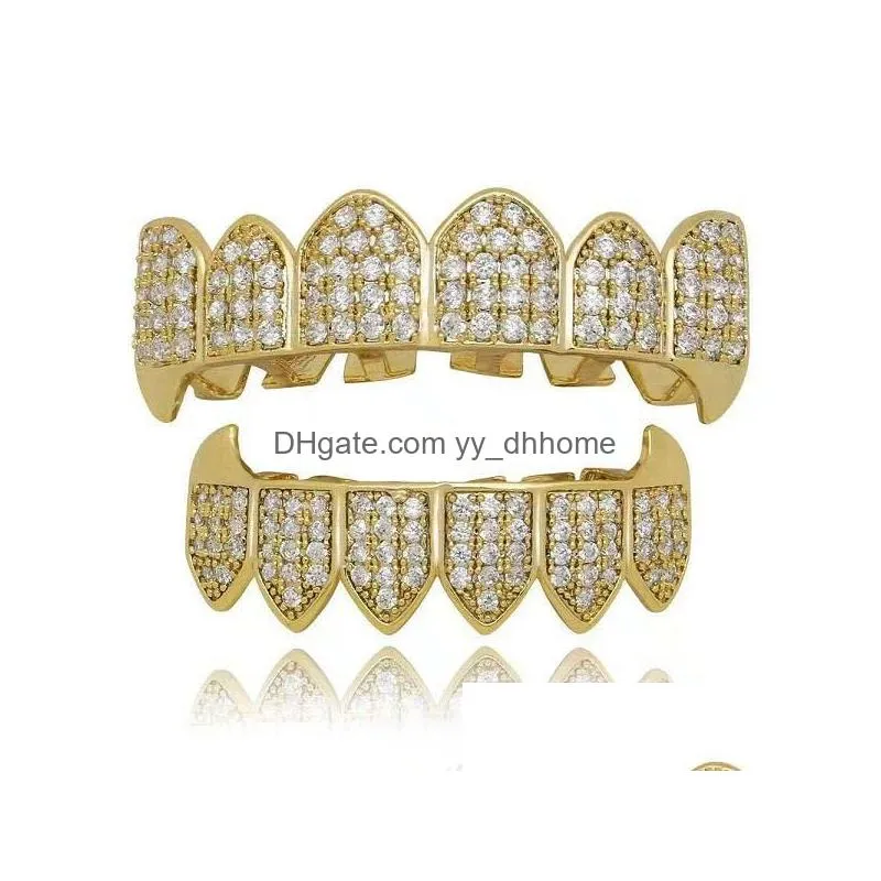 hip hop golden grillz cool gold diamonds teeth jewelry real gold plated fashion rapper dental grills three colors golden silver