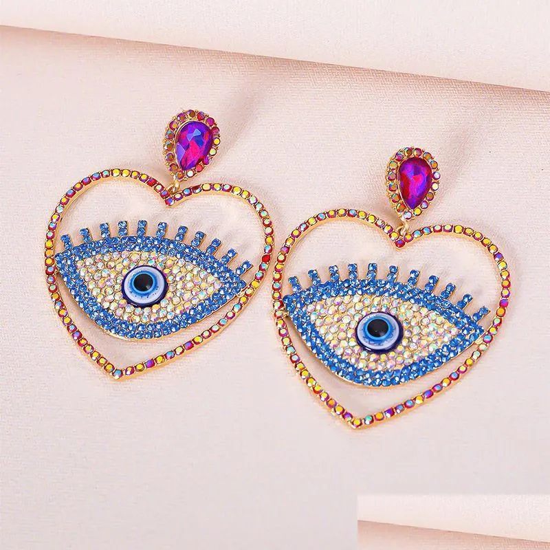 fashion jewelry dangle exaggerated evil eye earrings for women colorful rhinestone heart hollowed out blue eyes stud earrings