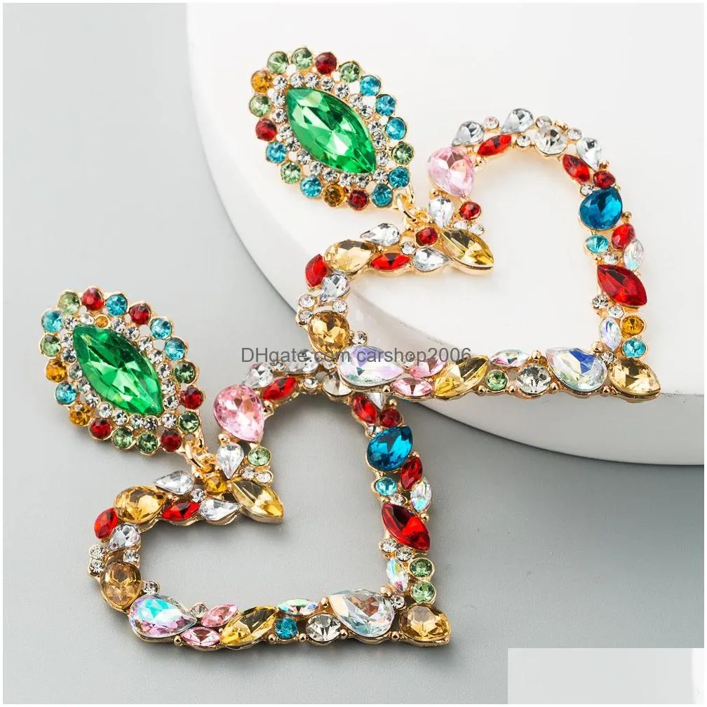 fashion jewelry exaggerated peach heart diamond earrings colorful rhinstone dangle stud earrings