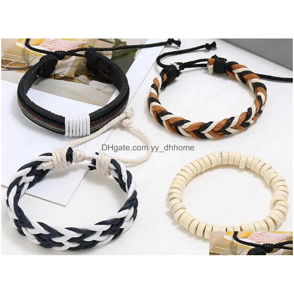 mans cowhide leather bracelet diy hand woven multilayer white wood bead weave braids combination suit bracelet size adjusted