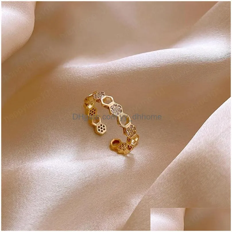 korea style hexagon zircon rings adjustable gold color opening ring hollow unique design geometric ring party accessories