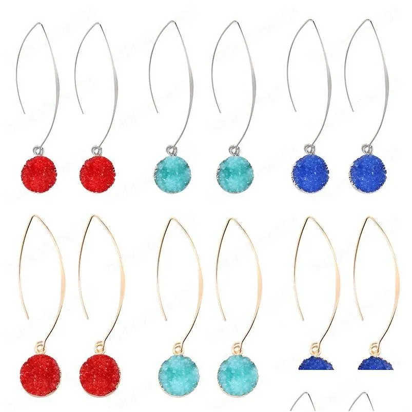 colorful round druzy resin charm dangle earrings korean style long hook statement earrings for women fashion jewelry