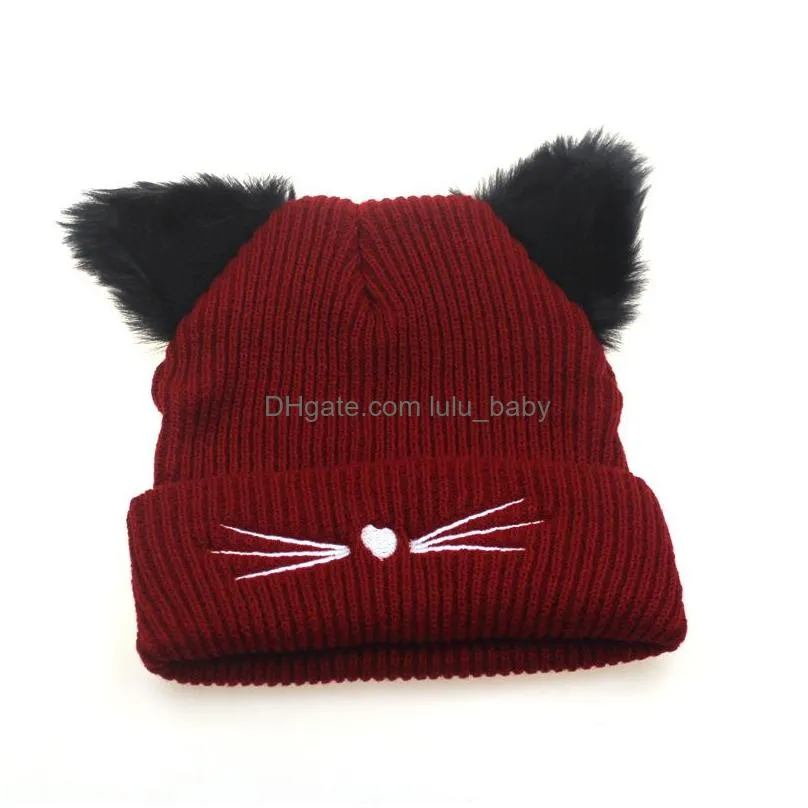 autumn winter womens knitted hat cartoon cat ears embroidery knit caps lady warm hats