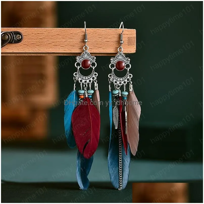 retro ethnic tassel long feather earring female bohemian summer beads wedding dangle earrings for women boho fashion jewelry oorbellen