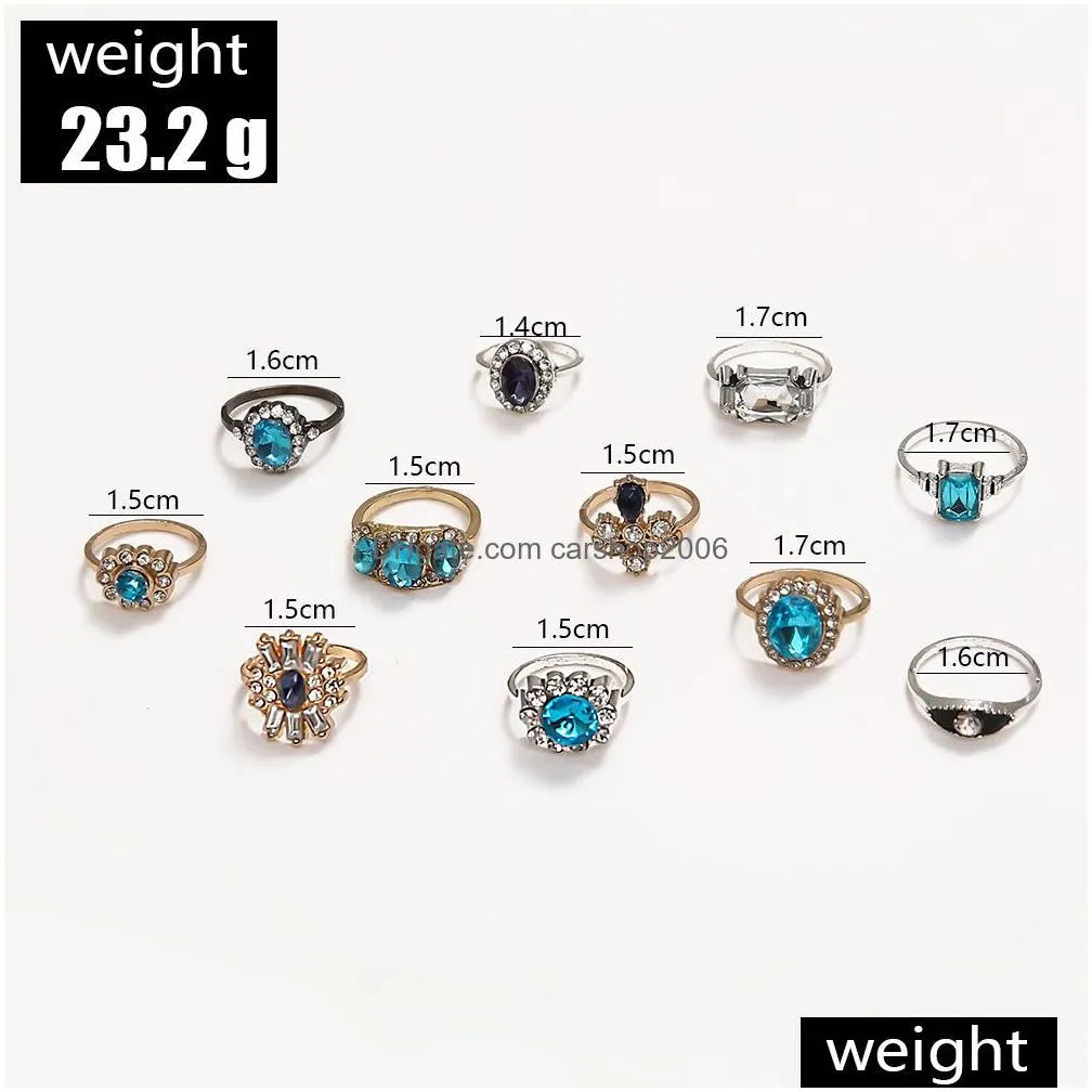 fashion jewelry blue black rhinstones double color ring set knuckle rings 11pcs/set