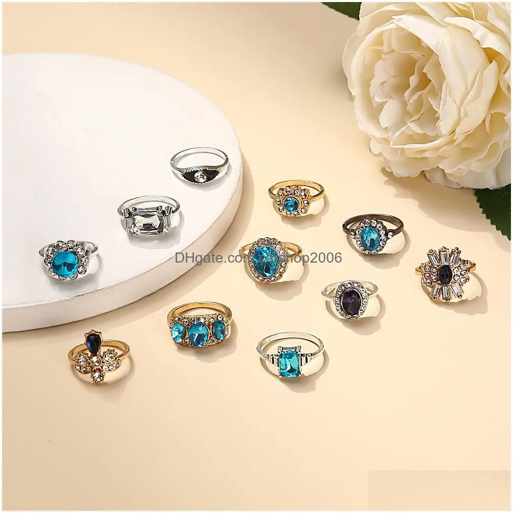 fashion jewelry blue black rhinstones double color ring set knuckle rings 11pcs/set