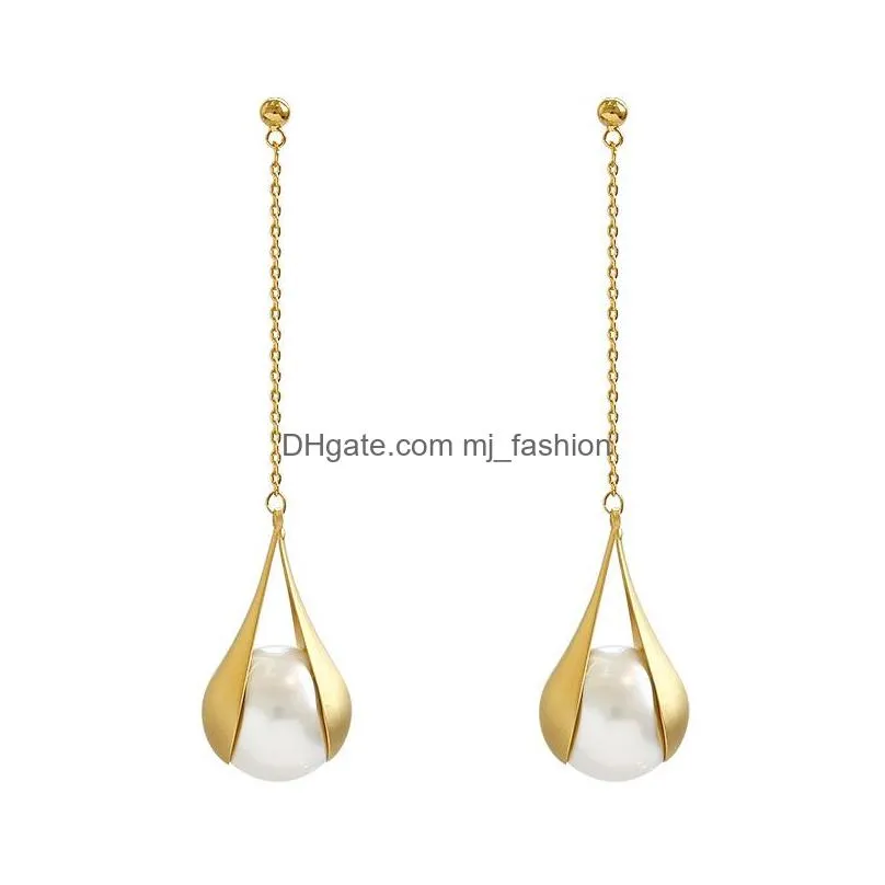 fashion jewelry s925 silver post long tassel pearl earrings beads pendant dangle stud earrings